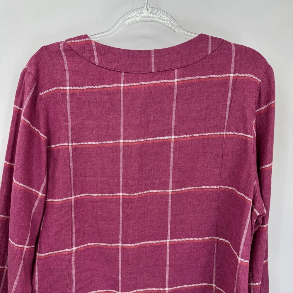 Flax Button Front Jacket Womens Small Pink Windowpane Plaid 100% Linen Boxy